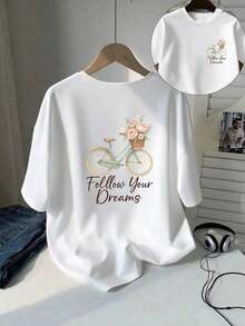 Camiseta de manga corta de talla grande para mujer - Camiseta básica casual de corte holgado, elegantes tops de poliéster, camiseta de manga corta estampada con diseños frontales y traseros - Chasing Dreams, Bicycle - Camiseta estampada de primavera/verano para mujer, artículo de moda, versátil y casual, transpirable y cómoda. - Blanco - Ver 10