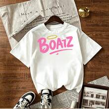 BoatZ pink graffiti style print design for women's short sleeve t-shirt featuring bold letters with golden halo and sparkles perfect for casual summer wear in Mexico market - Blanco - Ver 1