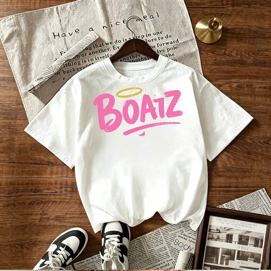 BoatZ pink graffiti style print design for women's short sleeve t-shirt featuring bold letters with golden halo and sparkles perfect for casual summer wear in Mexico market - Blanco - Ver 1