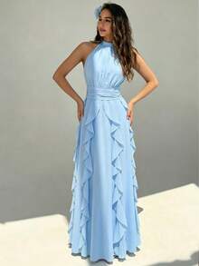 Women's Solid Color A-Line Patchwork Ruffle Hem Sexy Elegant Elegant Fashion Holiday Dress Summer - Blue - View 3