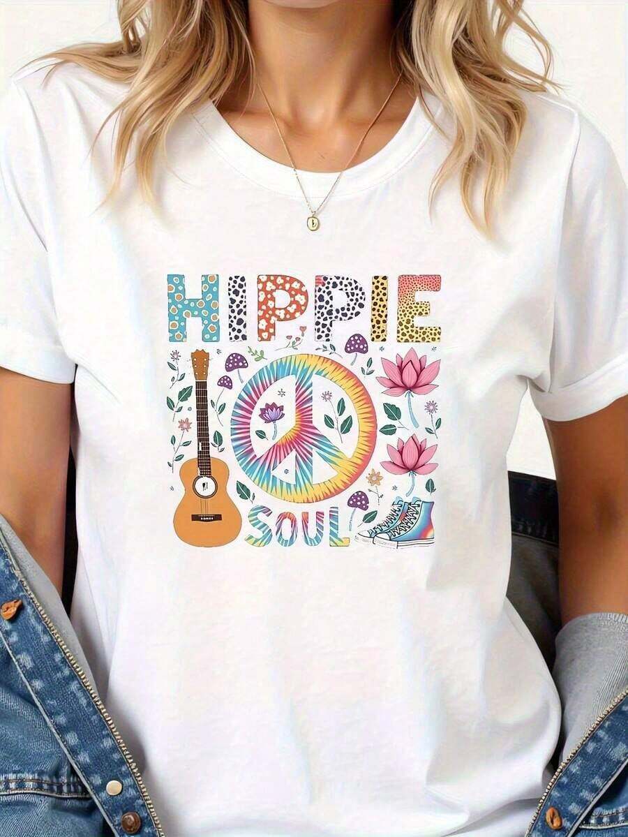Camiseta de cuello redondo para mujer, de primavera y verano, con diseño hippie que presenta estampados de guitarra, flores, setas y letras. - Blanco - Ver 1