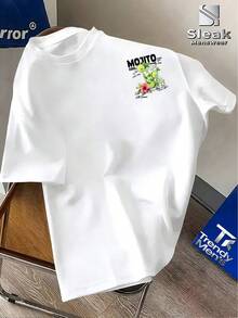MOO Mojito Cocktail Illustration Logo Texture Streetwear Brand Printed Short Sleeve Shirt Summer Bartender Style Abstract Art Print Illustration Into Youth Everyday Outfit Breathable Thin Street-Style Basic T-Shirt - Bianco - Visualizzare 2