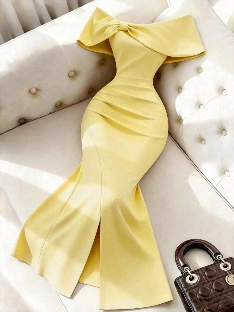 Vestido largo de verano elegante y de moda para mujer con hombros descubiertos y abertura alta, hombros plisados y sexy, vestido largo para el Día de San Valentín, vestido rojo ajustado, vestido con hombros descubiertos y lazo, vestido con abertu - Amarillo mantequilla - Ver 1