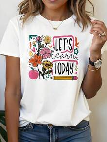 Camiseta de Mujer con Tema "Aprendamos Hoy"| Decoración con Eslogan de Flores, Manzanas y Lápices, Manga Corta Casual, Colorida, Llena de Vida y Frescura, Ideal para Maestros, Temporada Primavera/Verano - [Blanco] - Ver 6