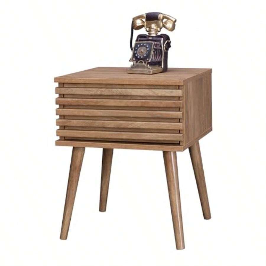 TOPLIVING Buró para Recámara o Mesa Auxiliar para Sala con Cajón Espacioso con Detalles de Varillas, Mesa de Noche Moderna con Patas de Madera Color Café - como en la imagen - Ver 1