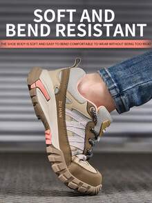 Zapatos de moda estacional para mujer con cordones, diseñados para prevenir aplastamientos y pinchazos, adecuados para trabajo, minería y construcción - Caqui - Ver 8