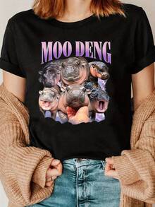 Women's Casual Crew Neck T-Shirt With Moo Deng Hippo Print, Polyester Blend Knit Fabric, Short Sleeve With Slight Stretch For All Seasons - Cute Animal Family Pattern T-Shirt For Sports And Everyday Wear - 黑 - 查看 3