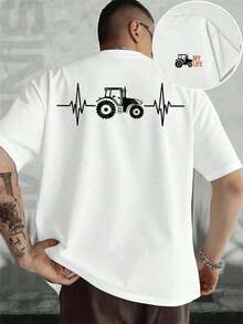 GiftCamiseta con Estampado de Latidos de Corazón de Tractor, Camiseta para Hombre con Estampado de Doble Cara, Moderna, Casual, Cuello Redondo, 220 g/m2, Algodón Puro (1 Pieza)Soft - Negro - Ver 1
