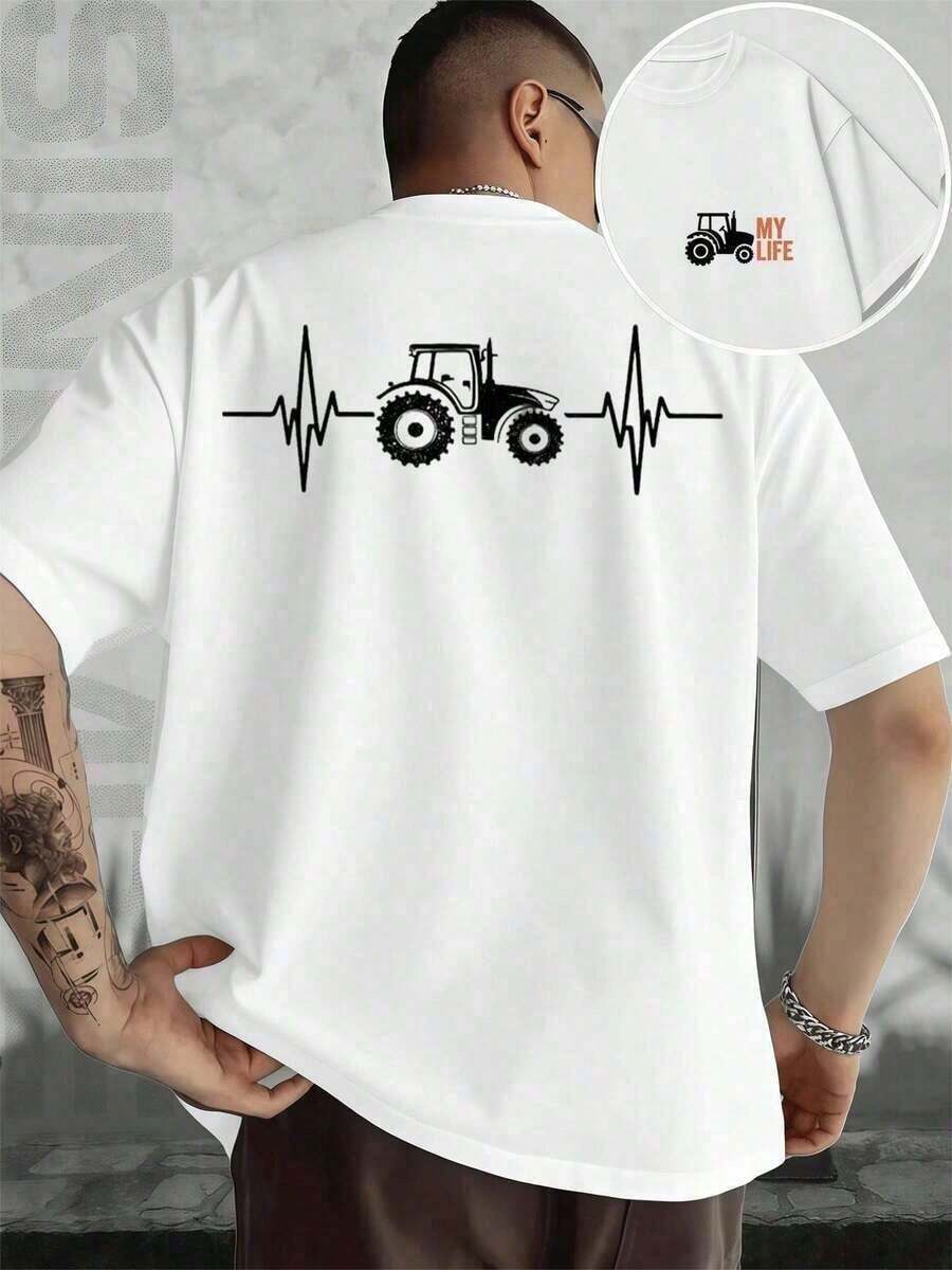 GiftCamiseta con Estampado de Latidos de Corazón de Tractor, Camiseta para Hombre con Estampado de Doble Cara, Moderna, Casual, Cuello Redondo, 220 g/m2, Algodón Puro (1 Pieza)Soft - Negro - Ver 1
