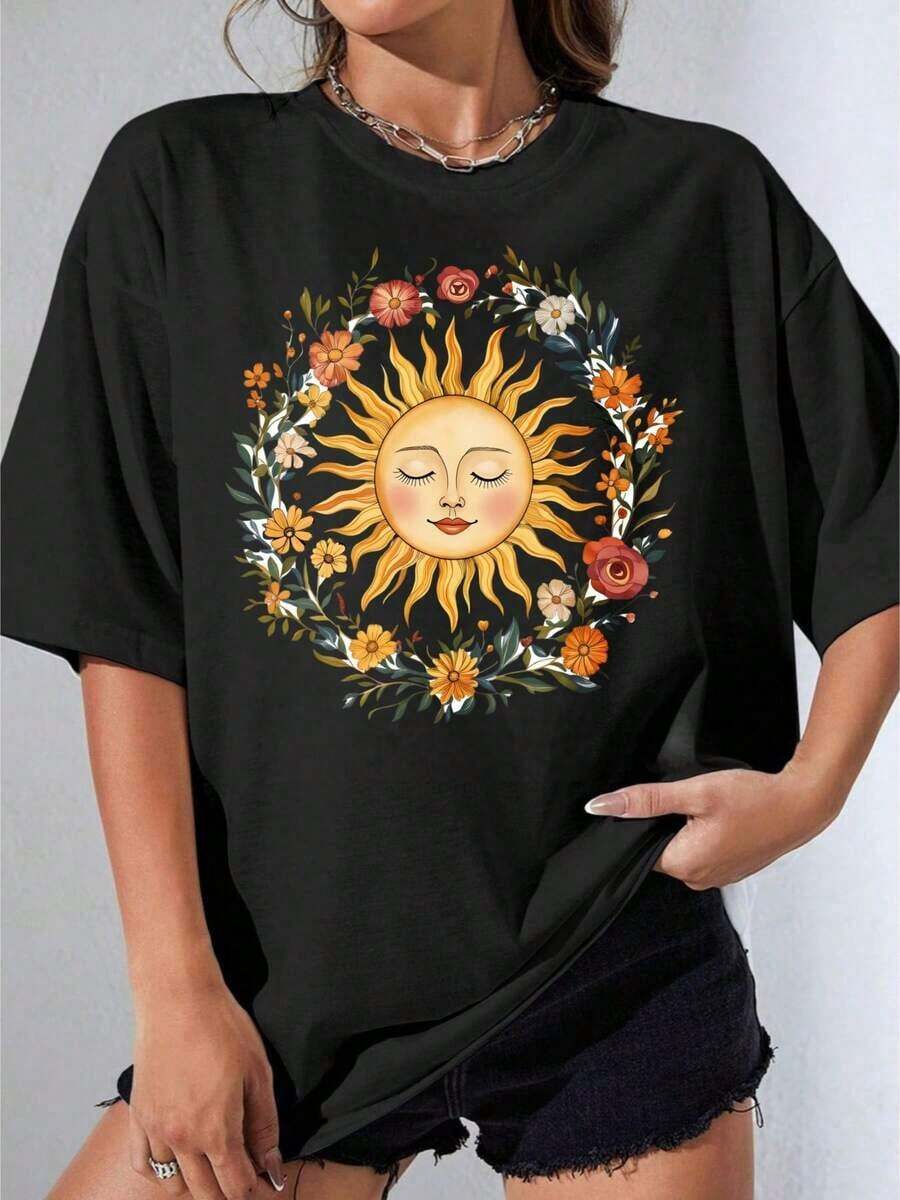 Girls' Black And White T-Shirt, Plus Size White T-Shirt With Sun And Flower Print For Casual Summer Wear, Outdoor Party, 180g Printed Casual T-Shirt - 黑色 - 查看 1