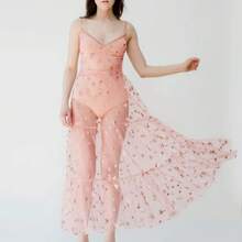 Vestido de playa con estampado de estrellas hasta el tobillo con tirantes finos para mujer, Vestidos de verano sin mangas con cuello en V, Vestidos fruncidos de malla de encaje para mujer - Rosa - Ver 1