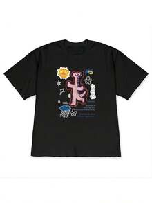 [Alta calidad]Camiseta de manga corta holgada con estampado de dinosaurio rosa, estilo japonés, para mujer, estilo informal y divertido,  de verano. - Negro - Ver 7