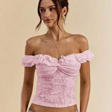 Women's Floral Jacquard Short Sleeve Off The Shoulder Crop Top Ruffle Fitted Tee Shirts - Pink - View 3