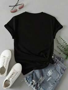 1 pieza de camiseta de manga corta con estampado de letras, casual, de cuello redondo, para mujer, 180g, 100% algodón. - Negro - Ver 4