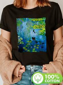 -T-Shirt Printed With The Painting Water Lilies By Y-Black, Short Sleeve, Round Neck, Casual Top, Suitable For Summer And Spring, Women's Clothing, Loose And Comfortable. - White - View 9