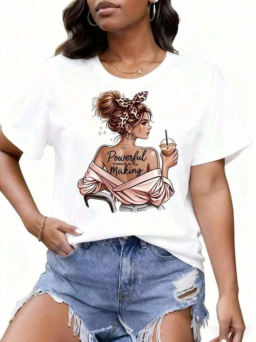 Camiseta GráFica "Mujer Poderosa En Proceso De Desarrollo" Para Mujer, Corte Holgado Casual, Blanca, Con DiseñO De Chica De Dibujos Animados Y Frase Inspiradora, Top De Moda - Blanco - Ver 1