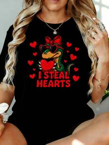 Camiseta de San Valentín con diseño de dinosaurio lindo y corazones, estilo casual para mujer, top de moda con gráfico de temática de amor, 180g, para ocio en casa, al aire libre, regalo para fiesta de San Valentín. - Negro - Ver 7