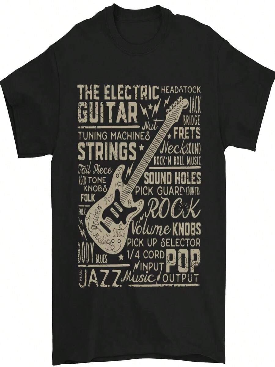 Camiseta de mujer con estampado gráfico de guitarra, estilo hip-hop urbano, confeccionada en algodón puro, transpirable, suave y cómoda. - Negro - Ver 1