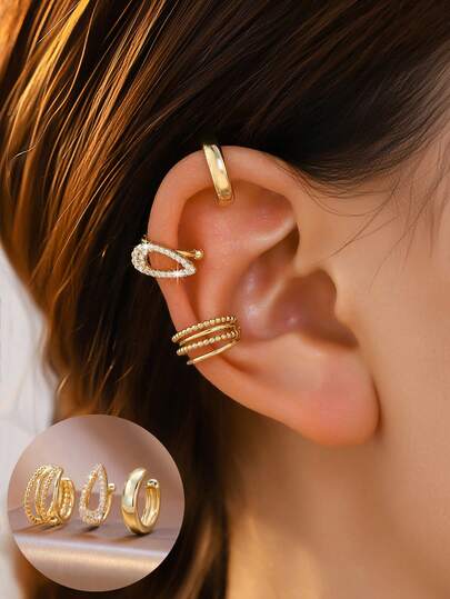  3pcs Flower Clip-On Earrings, Women's Cubic Zirconia Non-Pierced Fake Earrings, Cartilage Clip Earrings, No Ear Piercing Required