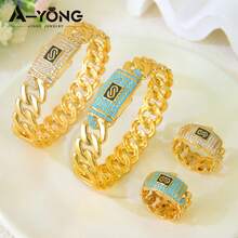 Italian Zirconia Hip Hop Jewelry Set 21k Gold Plated Arabici Fashion Cuff Bangles Rings Middle East Muslim Women Vintage Punk Jewelrys - Style a - View 4