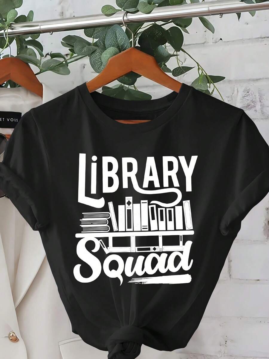 Camiseta de corte regular con estampado de bibliotecario, top casual de manga corta y cuello redondo, ropa casual diaria para mujer de primavera/verano. - Negro - Ver 1