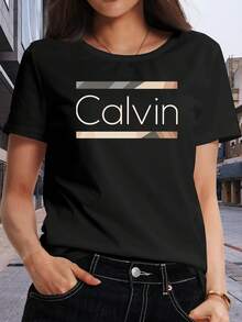 Camiseta Ligera para Mujer con Patrón Calvin - Azul Real, Elástica, Estilo Básico para Uso Diario |   Top de cuello redondo ligeramente elástico |   Camisa casual no transparente, adecuada para la oficina, salidas y uso diario. |   Artículo esencial para mujeres, tela opaca, atuendo casual diario para el verano. - Negro - Ver 12