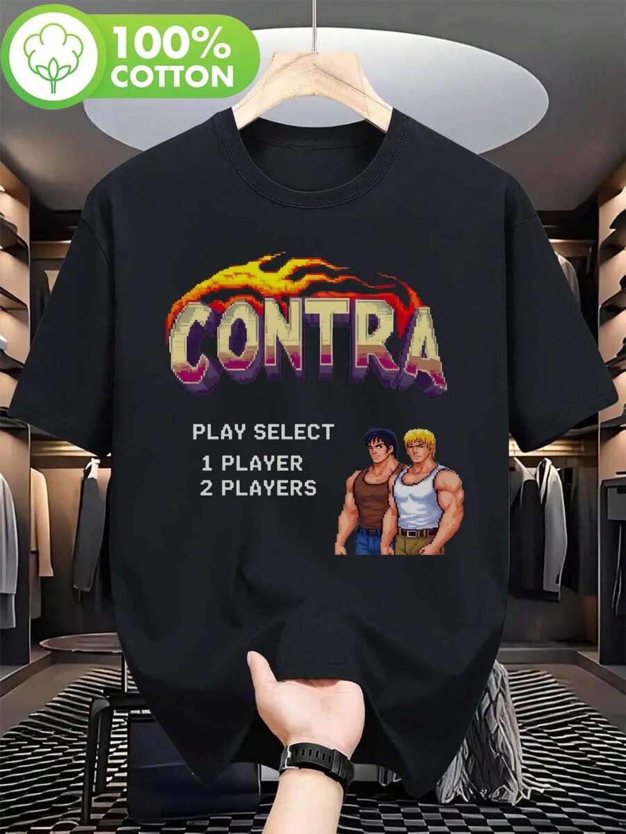 Camiseta Unissex Retrô de Jogos para Homens e Mulheres - Apresenta um Design 100% Vintage de Videogame com um Gráfico de Controle Invertido, Controle Clássico e Estampa de CONTRA - Camiseta Casual de Gola Redonda para Conforto o Ano Todo - Preto - Ver 1