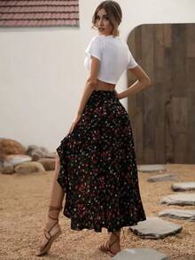 Falda con estampado floral diminuto, dobladillo asimétrico con volantes, falda larga con abertura lateral y ajuste regular de cintura alta con estampado floral diminuto para mujer, para primavera/verano, uso casual diario, vacaciones, playa, otoño - Negro - Ver 2