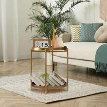 TeoKJ Mesa auxiliar dorada de 2 niveles mesa auxiliar redonda plegable de metal mesita de noche pequeña con dos bandejas extraíbles para recámara sala de estar mesita de noche espacios pequeños - Oro verde oscuro - Ver 6