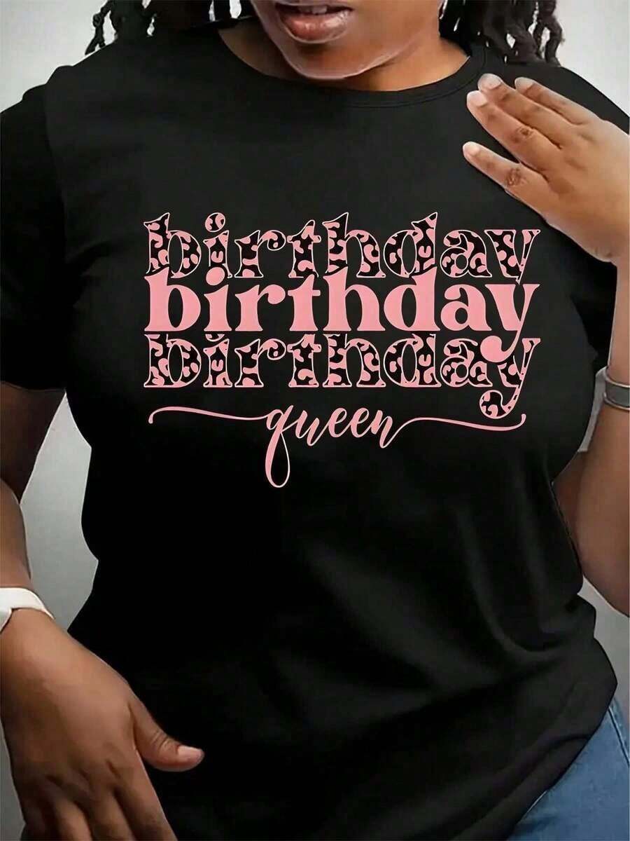 Camiseta con Estampado 'Reina de Cumpleaños' para Mujer de Talla Grande, Camiseta de Cumpleaños, Camiseta Casual de Manga Corta con Cuello Redondo, Adecuada para el Verano, Ropa de Fiesta, Camiseta con Diseño Divertido, Perfecta como Regalo de Cumpleaños - Negro - Ver 1