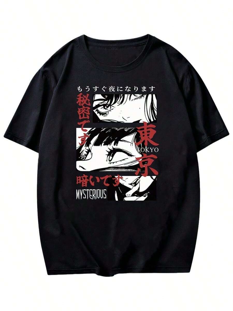 Camiseta de Manga Corta Holgada con Estampado de Anime, Estilo Casual Y2K para Verano - Negro - Ver 1