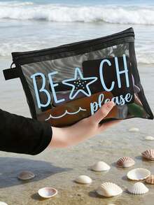 印有「Beach_please」與海星圖案的沙灘網袋，可攜式化妝包，可用於存放口紅與粉撲，沙灘設計盥洗包，透明大容量旅行化妝收納袋，夏威夷風網格化妝包，適合沙灘度假、可攜式購物袋，假期、健身房、母親節禮物、情人節、教師及女性旅行、短途旅行與旅行必需品之理想選擇 - 彩色 - 查看 12