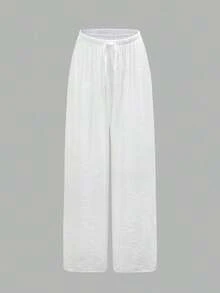 Pantalones anchos de verano para mujer con cintura anudada y unicolor - Blanco - Ver 7
