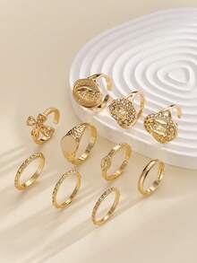 10件套复古皇冠肖像十字架首饰套装，时尚女士首饰配饰，适合日常佩戴和派对场合 - 金黃色 - 查看 4