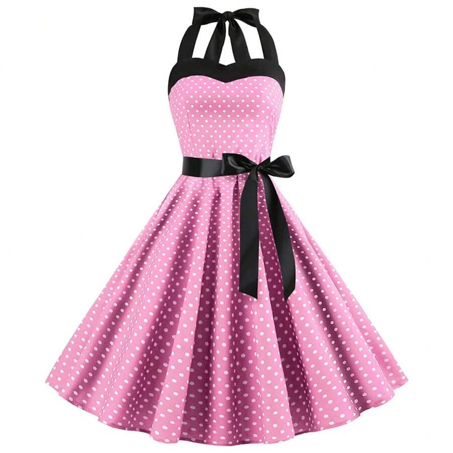 Vestido sexy retro blanco de lunares Hepburn Vintage Halter vestido de fiesta 50s 60s Pin Up Rockabilly Robe - A004 - Ver 1
