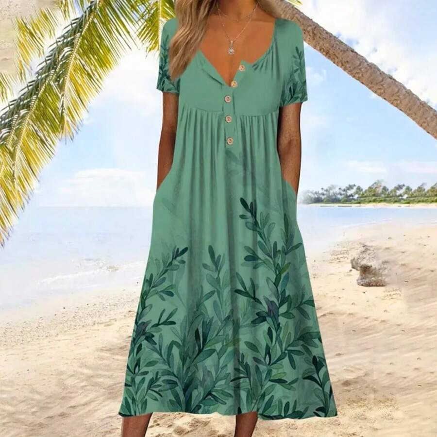 Vestido Maxi de Manga Corta con Cuello en V y Estampado Moderno para Mujer, Primavera 2026, Estilo Europeo y Americano - verde - Ver 1