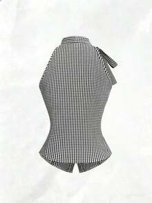 Camisa de mujer de corte ajustado con cuello con lazo, sin mangas, escote en V delantero abierto, botones verticales en la cintura y fruncido, de estilo casual y elegante para primavera y verano - Negro - Ver 2