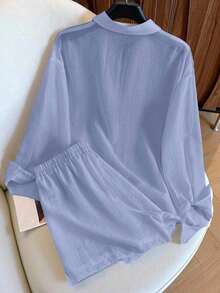 Conjunto de camisa de manga larga a rayas de un solo pecho y pantalones cortos versátiles de estilo vintage casual - Azul 2 - Ver 2