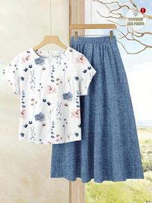 2 piezas Conjunto de top casual de unicolor + falda estampada para vacaciones de mujer, Conjunto de ropa de verano para mujer, Conjunto de falda de verano, Conjunto de falda y top, Conjunto de falda y top para mujer, Conjunto de falda estampada - Multicolor - Ver 7