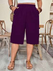 Pantalones cortos casuales y versátiles de talla grande para mujer, de unicolor, con cintura elástica y bolsillos - Morado - Ver 5