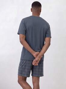 Snug League 2pcs/Set Men's Summer Lightweight Pajamas Set, Short Sleeve Shirt And Shorts, Men's Short Sleeve Casual Home Outfit - Dark Grey - View 2