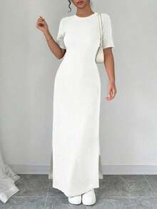 Vestido largo de mujer de unicolor con cuello en V, bajo con abertura, manga corta - Vestido maxi de mujer ajustado - Vestido de mujer elegante y clásico de alta calidad - Beis - Ver 5