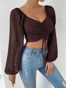 Blusa de manga farol con cuello de corazón y pliegues, corta - Marrón Mocha - Ver 4