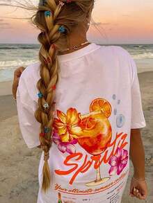 Camiseta de manga corta holgada para mujer, color blanco, con estampado floral naranja estilo Spritz Cocktail, de alta demanda.#Atuendo del Día#Vibraciones de Verano#Vibraciones de Playa#Atributos de estilo CocktailStyle, que ofrecen versatilidad para el uso diario, son agradables al tacto, ideales para fotos y altamente estéticos, con un enfoque en el estilo retro americano, el estilo de vacaciones de verano, la vibra relajada y la moda fresca, dulce y picante, perteneciendo a la categoría final de camisetas de manga corta holgadas para mujer.Es perfecto para todas las situaciones, como vacaciones de verano en la playa, selfies al atardecer, viajes con amigas, fiestas en la playa, picnics al aire libre, festivales de música y escapadas de vacaciones, y es un artículo imprescindible para crear atuendos estéticos de primavera y verano en la isla y dominar las normas de tránsito.#Estilo Costero#CasualChic#Impresión Tropical. TKCI - Blanco - Ver 1