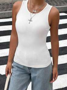 Top sin mangas de punto acanalado amarillo para looks de verano - Blanco - Ver 4