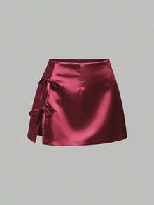 Minifalda de satén rosa con abertura y lazo, estilo A-line, sexy, adecuada para uso diario - Burdeos - Ver 1