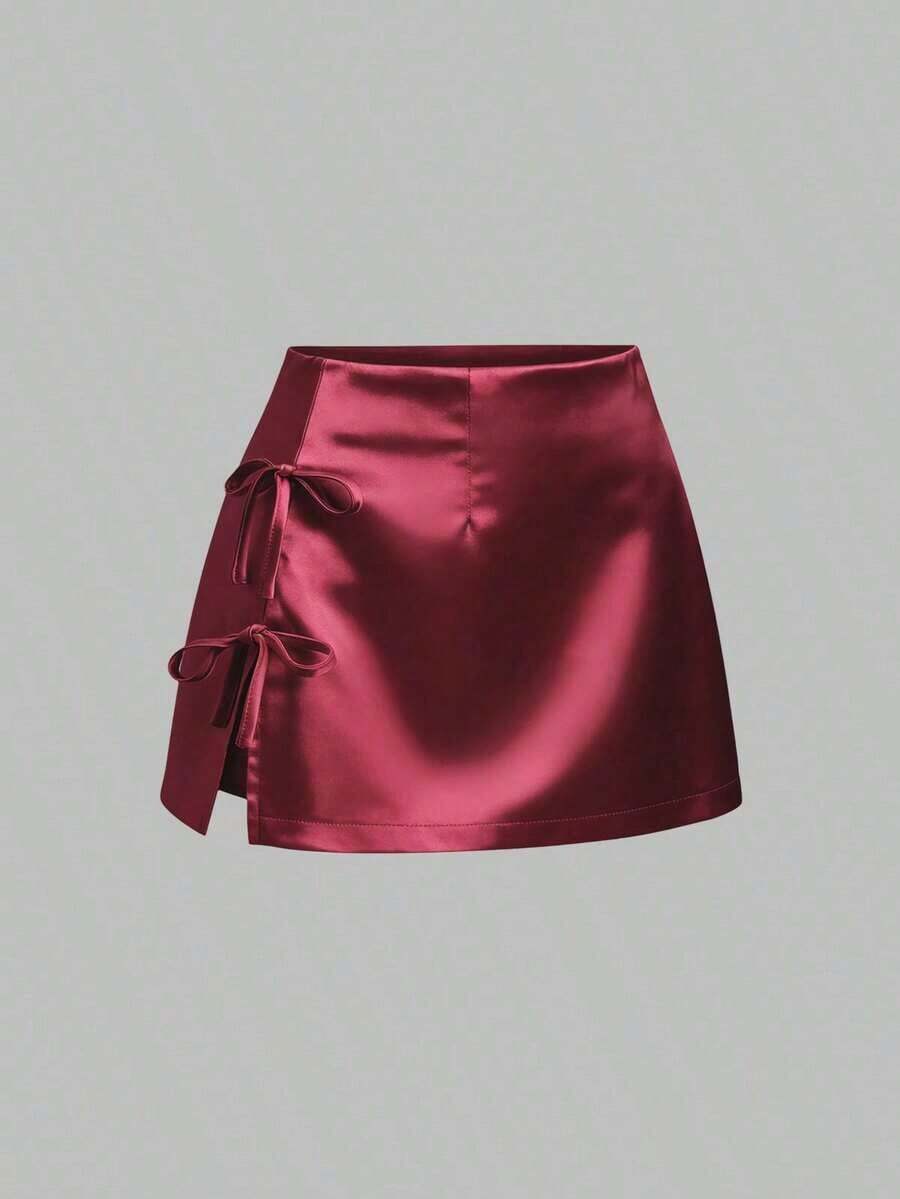 Minifalda de satén rosa con abertura y lazo, estilo A-line, sexy, adecuada para uso diario - Burdeos - Ver 1