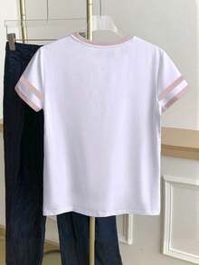 Camiseta de mujer de manga corta, cuello redondo y bloque de color, casual de verano - Blanco 7 - Ver 2