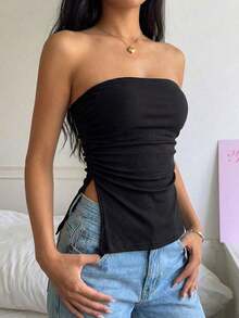 Top bandeau con pliegues en el bajo en color borgoña sólido - Uso casual diario, para usar en el Día de San Valentín - Negro - Ver 6