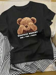Conjunto de camiseta de manga corta con cuello redondo y estampado de oso de dibujos animados, y pantalones a rayas con cordón en la cintura para mujer - Negro 2 - Ver 3